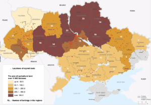 Map of Ukrainian agricultural land broken down by region and concentrated in the hands of businesses holdings, acreage exceeds 10,000 hectares 